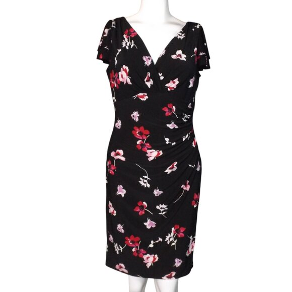 LAUREN RALPH LAUREN Dress, 8/M, Black/Red floral, Layered Flutter sleeve, V-neck - Picture 6 of 11